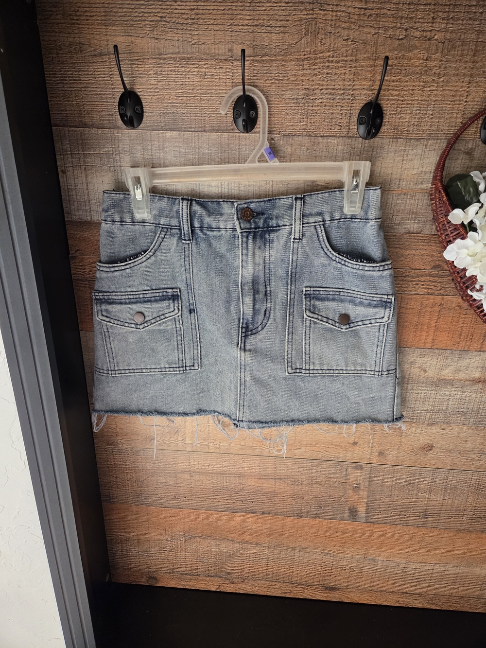 Light Wash Denim Mini Skirt with Front Patch Pockets, Y2K grunge, streetwear